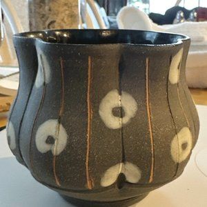 Studio pottery votive holder bowl gray white orange 3"X3" fluted edge signed